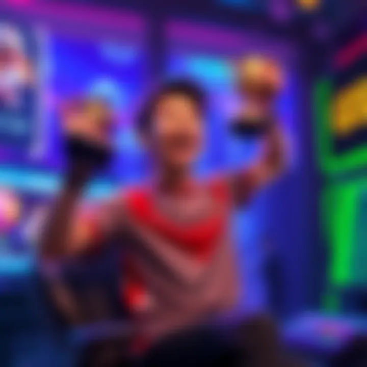 A player joyfully celebrates finishing in the top 1,500 of a mini game, holding a trophy in a gaming environment.