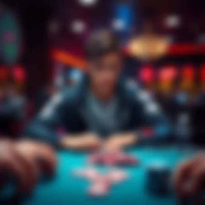 A focused player sits at a table, eyes locked on the screen, surrounded by chips and gaming gear, highlighting the thrill of high-stakes gaming.