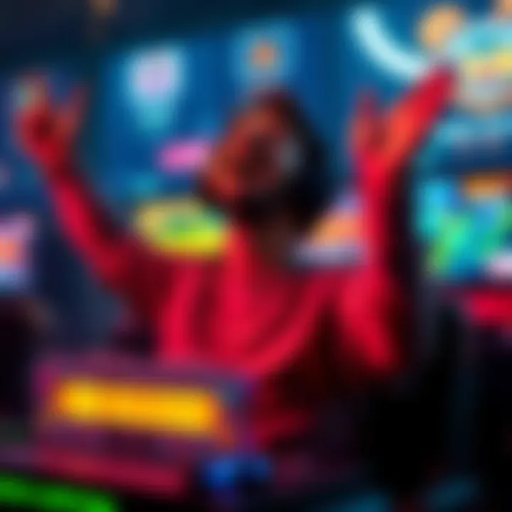 A player joyfully celebrating impressive scores on gaming consoles, surrounded by digital graphics representing Avalon Q and Gamma 602.