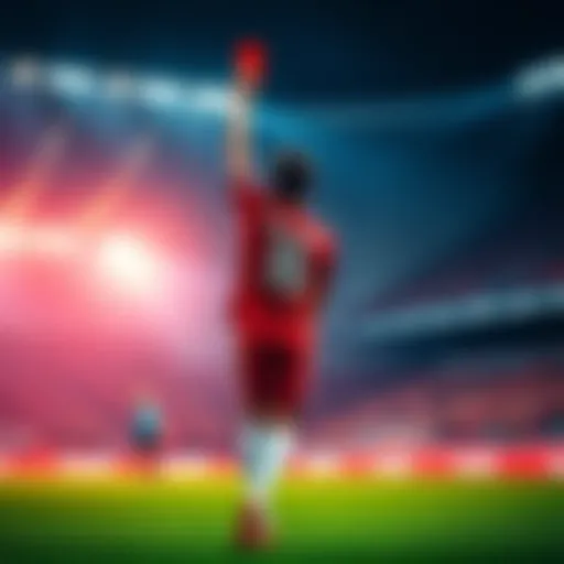 A soccer player shown on the field receiving a red card from the referee after just minutes of play.