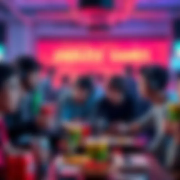 Group of players intensely focused on an endless game session, surrounded by snacks and drinks, showcasing a vibrant gaming atmosphere
