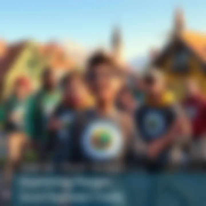 Group of players in a small town proudly displaying their Explorer Club Badges while smiling and interacting with each other