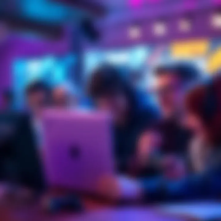 A group of gamers discussing their favorite online game, showcasing laptops and controllers, with expressions of curiosity and excitement