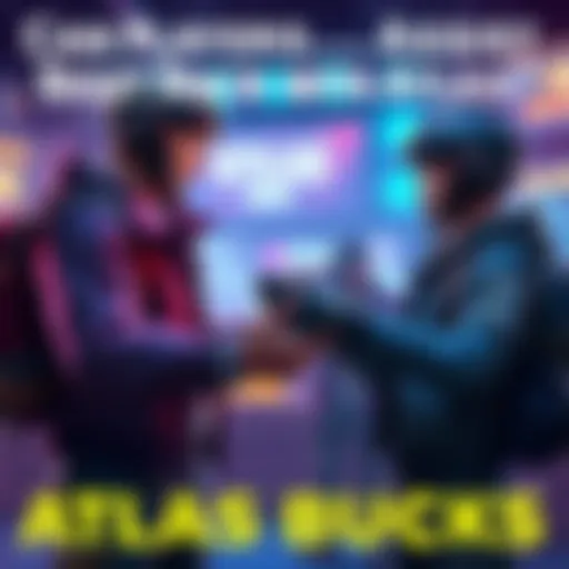 Two game characters helping each other with Atlas Bucks in a virtual setting