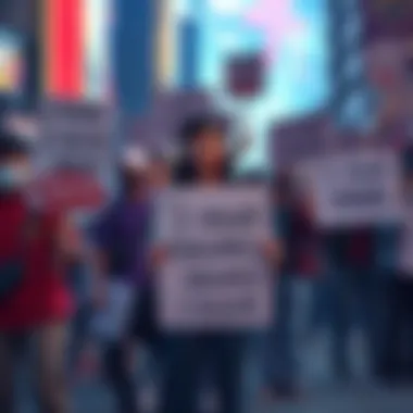 A diverse group of gamers holding signs advocating for shorter minigame durations, expressing their concerns about balancing gaming with life responsibilities.