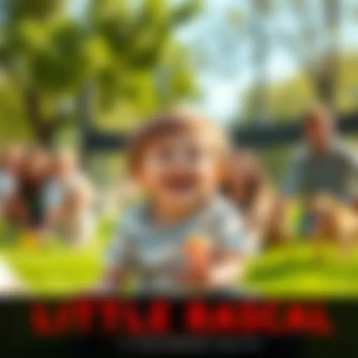 A cheerful young child playfully causing mischief in a sunny park, surrounded by laughing friends and playful pets.