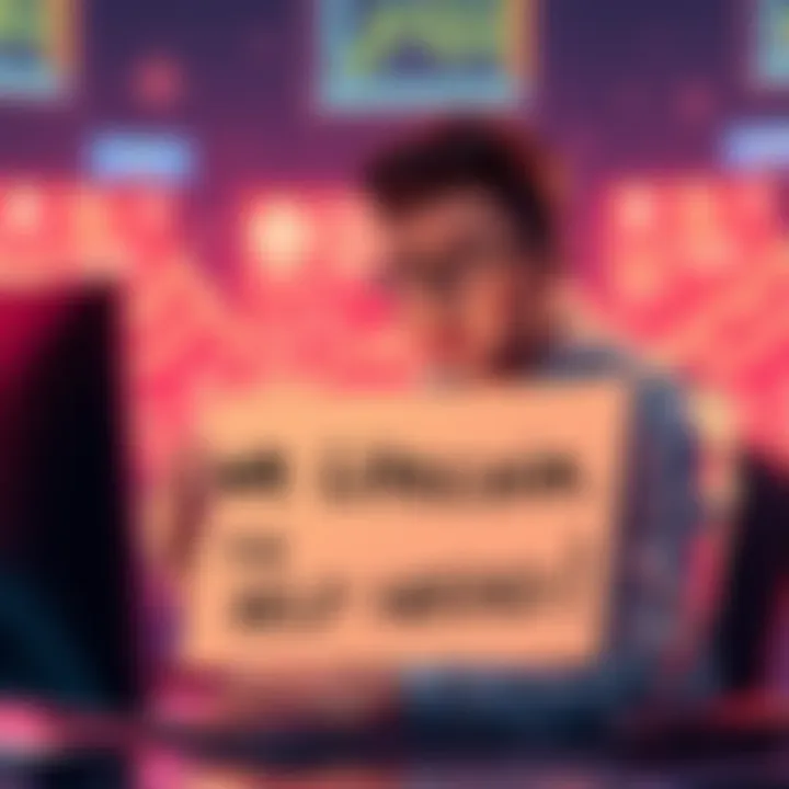 A person asking for Litecoin help A person sitting at a computer, looking worried and holding a sign asking for Litecoin assistance, with a heartfelt expression
