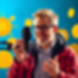 A friendly expert speaking into a microphone with Bitcoin symbols in the background, making cryptocurrency easy to understand.