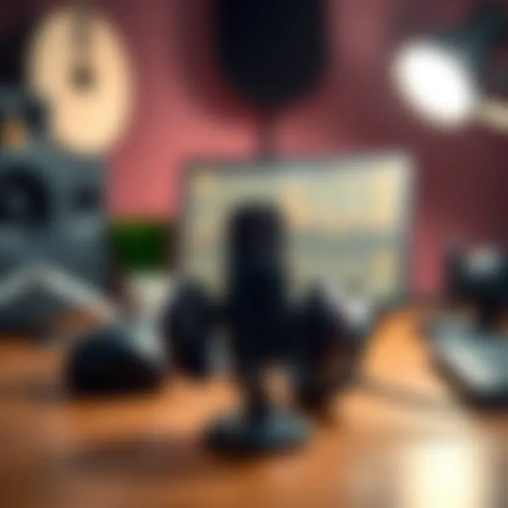 A microphone and headphones set up on a wooden desk, symbolizing podcasting.