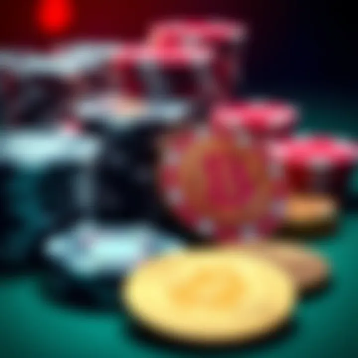 Poker Chips and Cryptocurrency A close-up of poker chips alongside physical cryptocurrency coins, highlighting the gambling nature of crypto.
