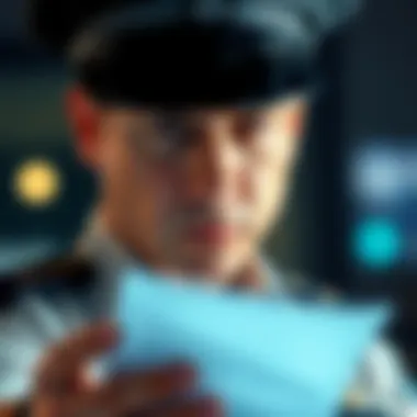 A police officer in uniform appears concerned while reviewing bodycam footage, showing a fleeting glimpse of text potentially containing sensitive information.