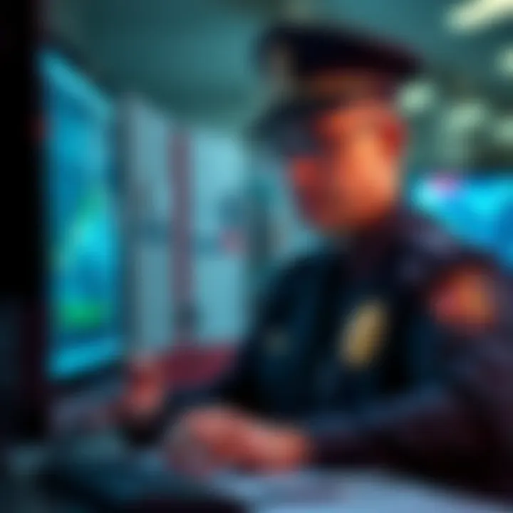 Police officer looking at a computer screen A police officer examines data on a computer, investigating a case related to cryptocurrency and a kidnapper.