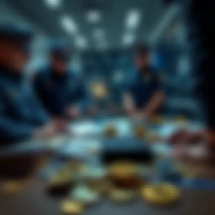 Australian police officers inspecting seized crypto wallets with cash and digital assets on a table