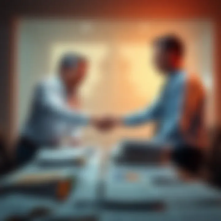Politician and Fund Manager Discussing Investment A politician and a fund manager shake hands over a table filled with financial reports, symbolizing risky investments in R-Bitcoin.
