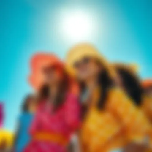 A vibrant scene featuring people wearing polka dot outfits under a bright sunny sky, enjoying a joyful outdoor day.