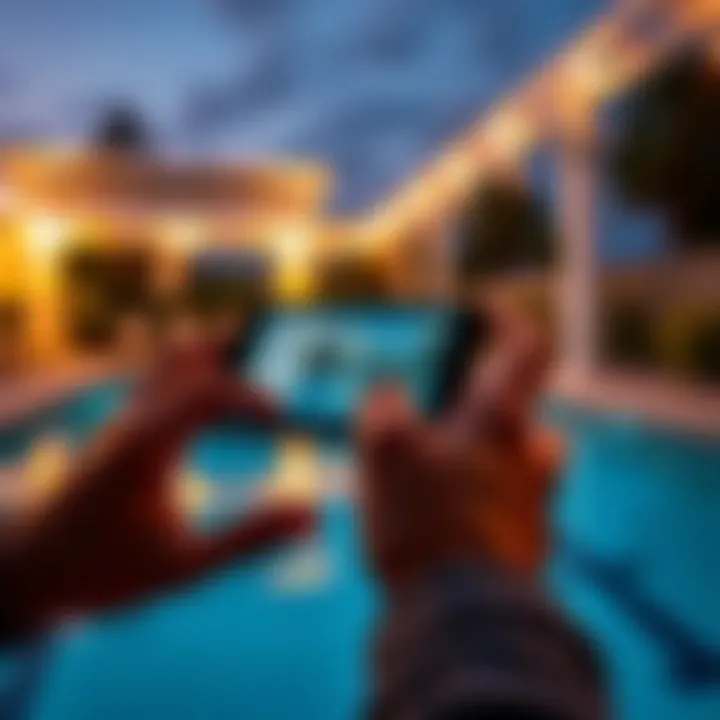 A person using a mobile app to monitor a swimming pool from their phone, showcasing remote access to pool settings and features.