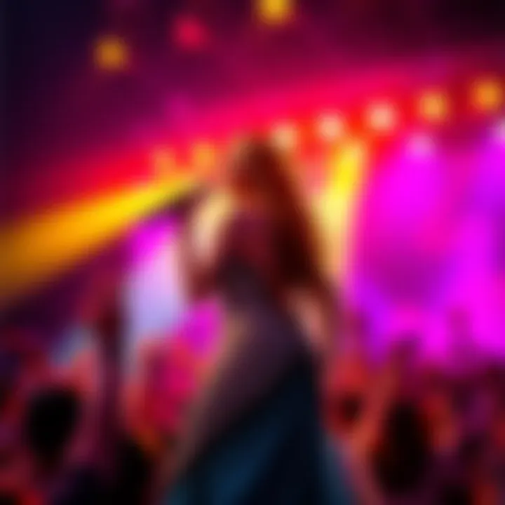 A pop culture diva performing on stage with bright lights and energetic fans in the background.