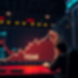 A graph showing a portfolio's decline over the past year with downward arrows and a worried investor looking at it.