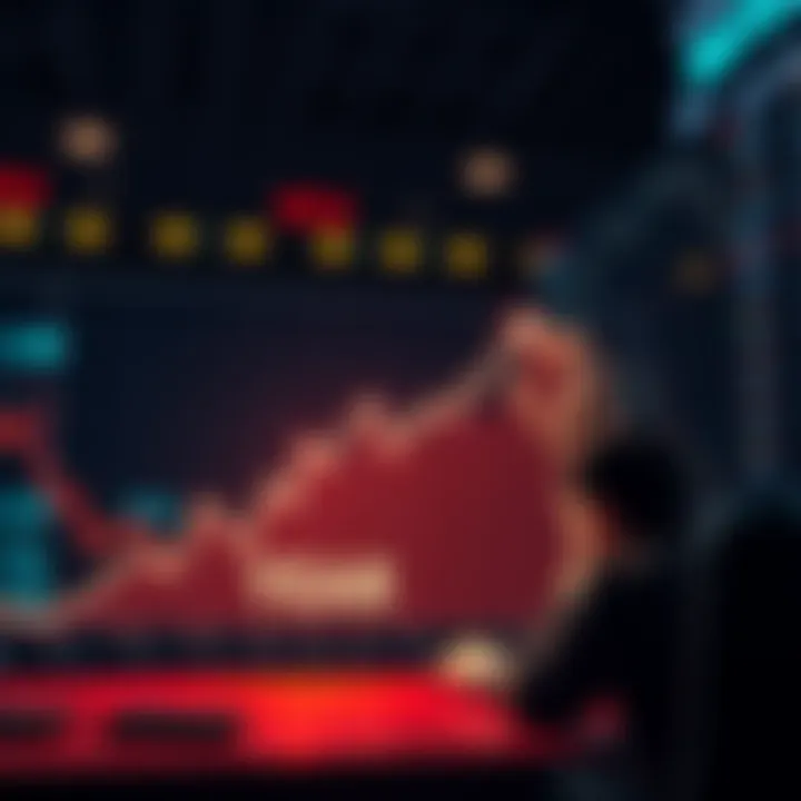 A graph showing a portfolio's decline over the past year with downward arrows and a worried investor looking at it.