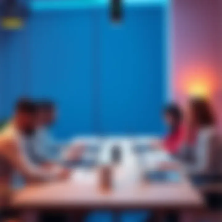 A group of people discussing and reviewing portfolios around a table with laptops and documents.