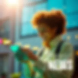 A person joyfully checking their phone for green market trends with a bright morning background.