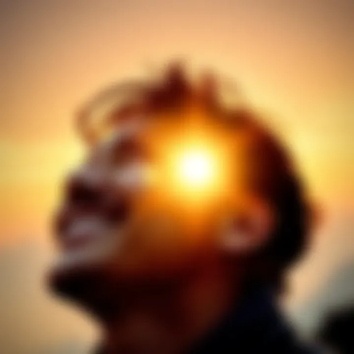 A person smiling while looking at a bright horizon filled with opportunities.