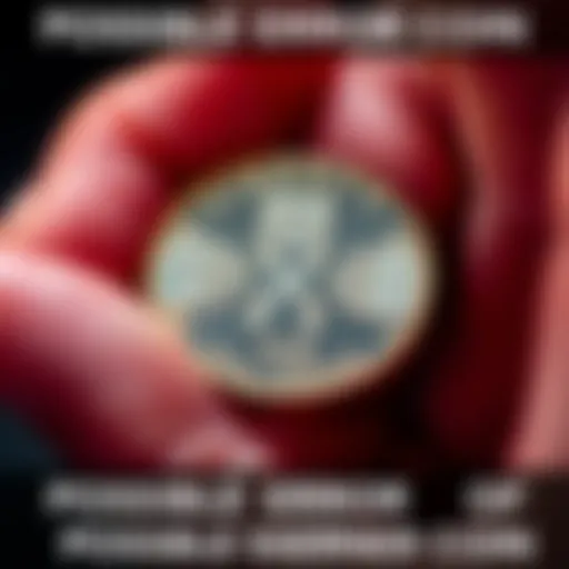 A close-up of a shiny coin showing unusual markings that may indicate an error during minting, with a person's hand holding it, highlighting excitement in the world of coin collecting.