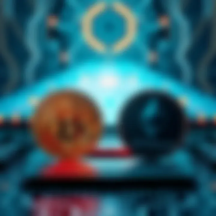 A visual representation of post-quantum cryptography with symbols of Bitcoin and Ethereum, set against a backdrop of quantum computers.