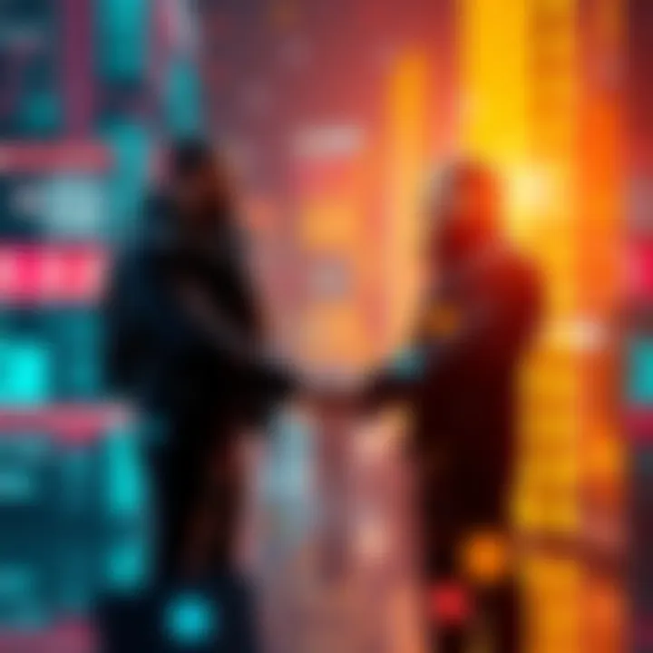 Representatives from POSTHUMAN and Atom One shaking hands with digital graphics in the background symbolizing open-source Username Services