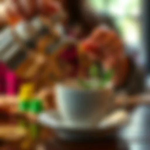 A person pouring Moroccan Mint loose leaf tea from a teapot into a cup, with BitcoinCash logo in the background.