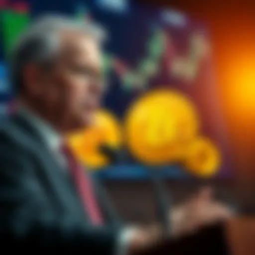 Jerome Powell speaking about Bitcoin and gold at a press conference, with a backdrop featuring financial charts and symbols representing cryptocurrency and precious metals.