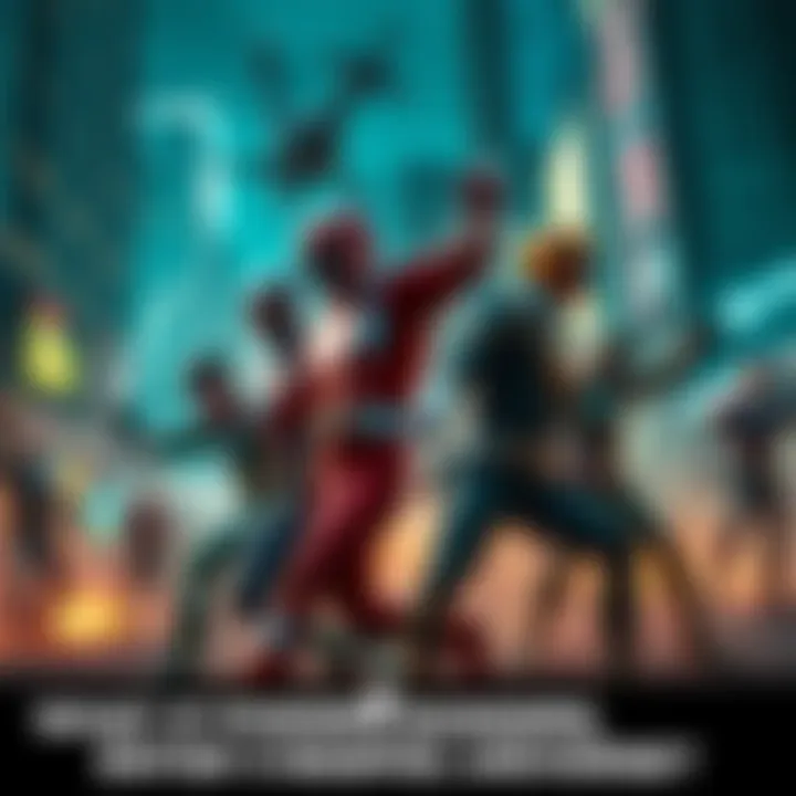 Power Rangers team battling alongside Marvel superheroes against a common enemy in an urban setting