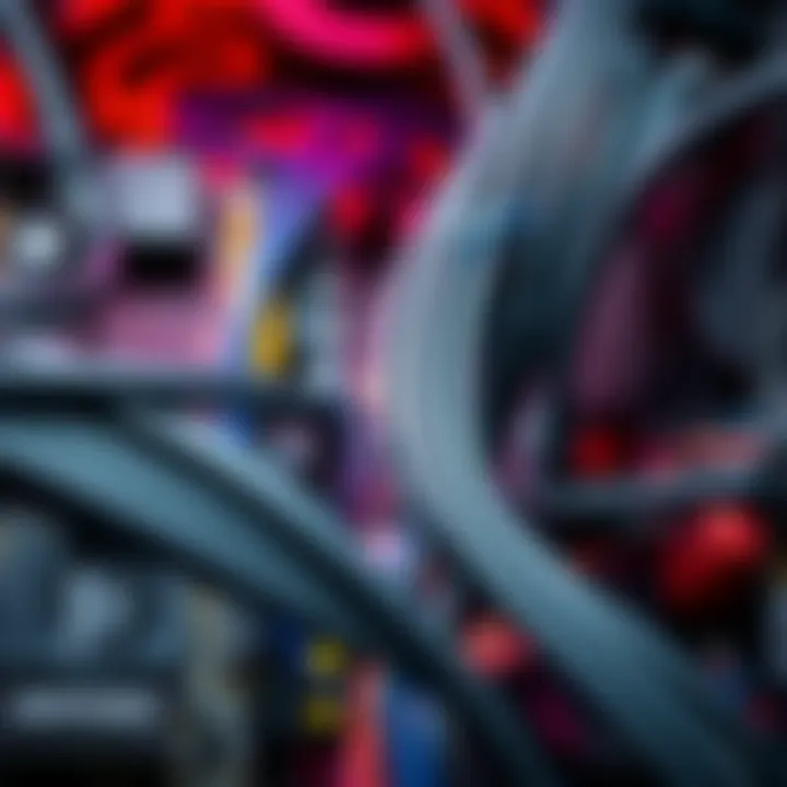 A close-up view of a power supply splitter connecting several motherboards with visible cables and connectors