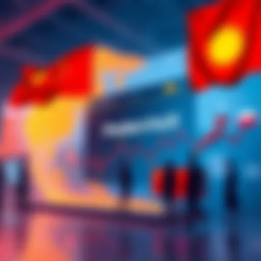 A visual representation of the PredictAsiaX platform showcasing multi-chain deposits and various Asian flags symbolizing language support, with people discussing market features.