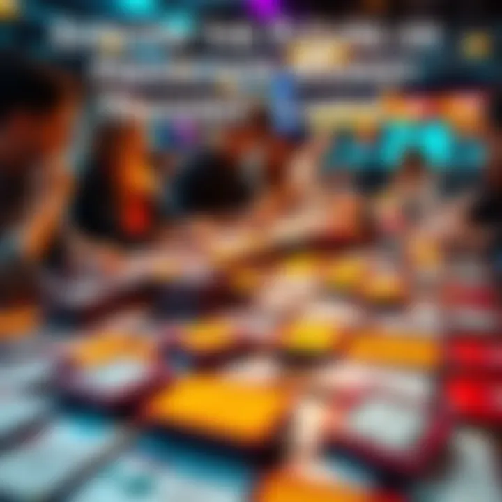 A collection of colorful trading cards representing various event outcomes, with people engaging around a table, discussing bets.