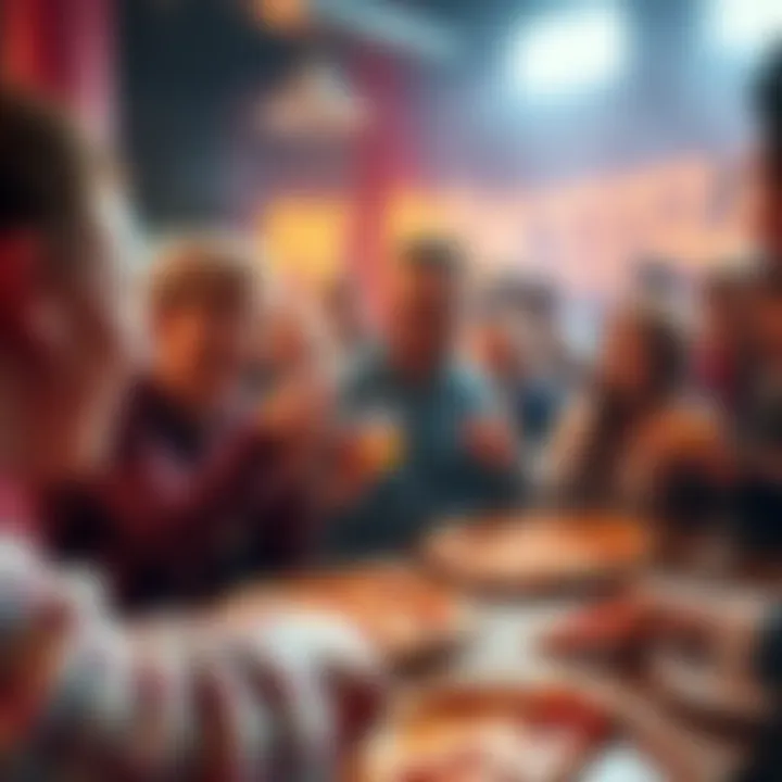 A lively gathering of people sharing pizza and making predictions at the Prediction Pizza Party