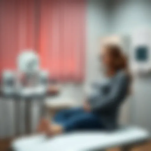 A pregnant woman sitting on an examination table, looking anxious while discussing a colposcopy with a doctor.
