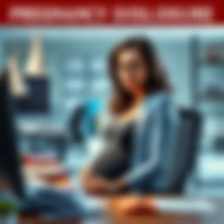 A pregnant woman looking concerned while sitting at her office desk with paperwork around her