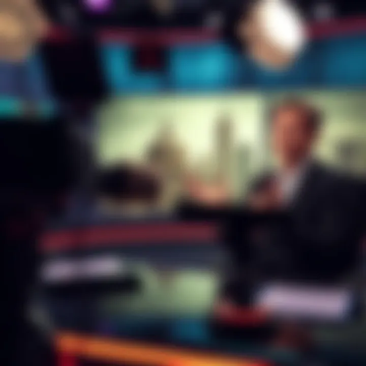 Presenter on live camera with shocked expression A presenter looks surprised while sitting at a desk, realizing they're broadcasting live with a microphone on, creating a sense of horror and tension.