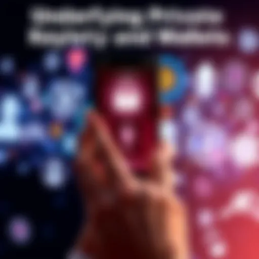 A visual representation of a person holding a smartphone displaying a wallet interface with private keys, surrounded by icons representing cryptocurrency transactions.