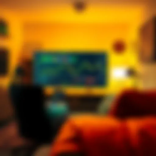 A trader using a laptop in a cozy room, focused on a secure trading platform with privacy features