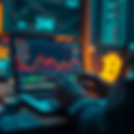 A person analyzing stock charts on a laptop, focusing on cryptocurrency ETFs while a downward trend line shows the market decline