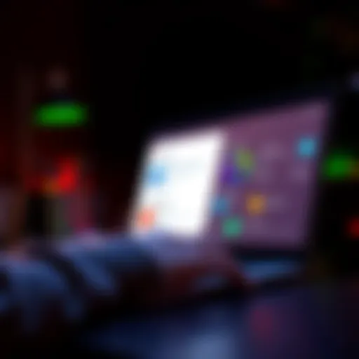 A person using a laptop to generate project ideas based on problem statements, with recommendation visuals for technology stacks in the background.