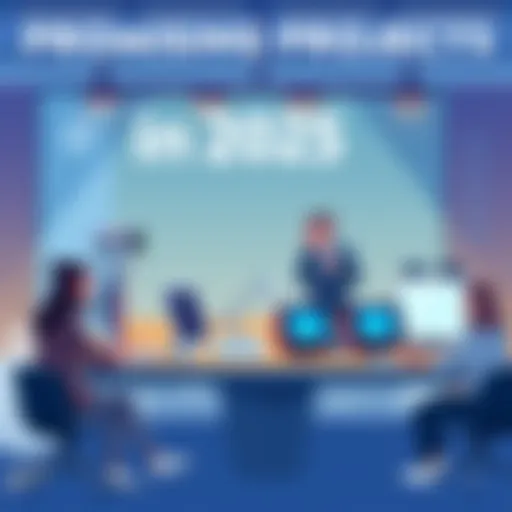 An illustration showing a group of innovative tech products on a table with people discussing their features and impact.