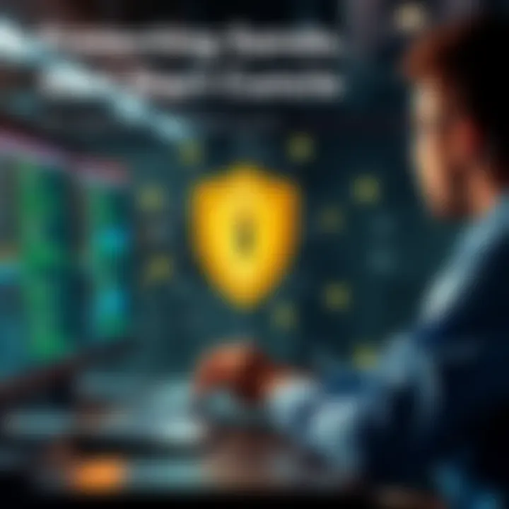 A person creating smart contracts on a computer with a secure shield symbol in the background