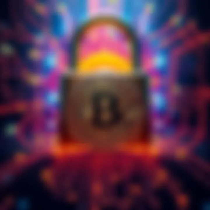 A digital lock protecting a Bitcoin symbol with a backdrop of quantum computing elements