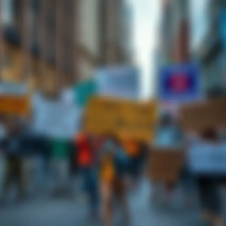 A diverse group of protesters holding signs advocating for identity politics and socialism in a city setting.