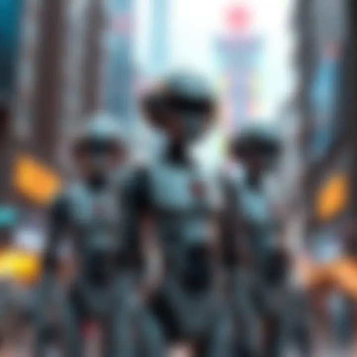 Protocol droids in a futuristic city A group of protocol droids standing together in a vibrant futuristic city with tall buildings and colorful lights