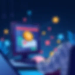 Illustration showing a person using a computer to buy and sell cryptocurrency on the ProveX platform, with wallet connections and bank transfer icons visible.