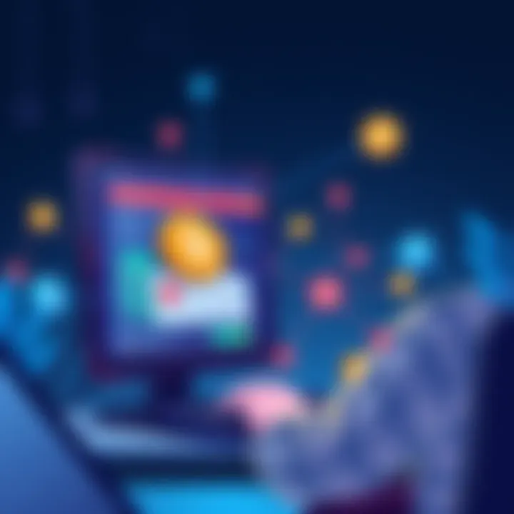 ProveX Crypto Transactions Illustration showing a person using a computer to buy and sell cryptocurrency on the ProveX platform, with wallet connections and bank transfer icons visible.